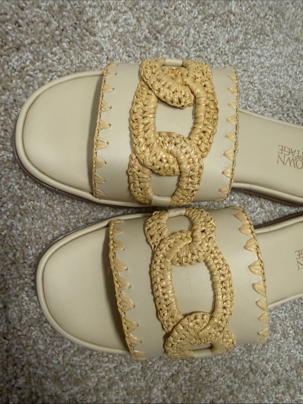 Crown Vintage Cream Slide Sandals with Woven Tan Chain like Detail - Picture 3 of 4